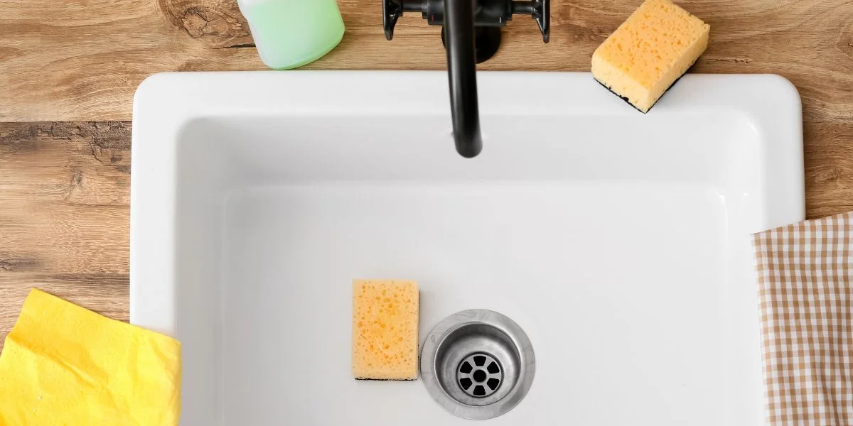 View down at a sink and faucet with sponges, soap and cloth beside