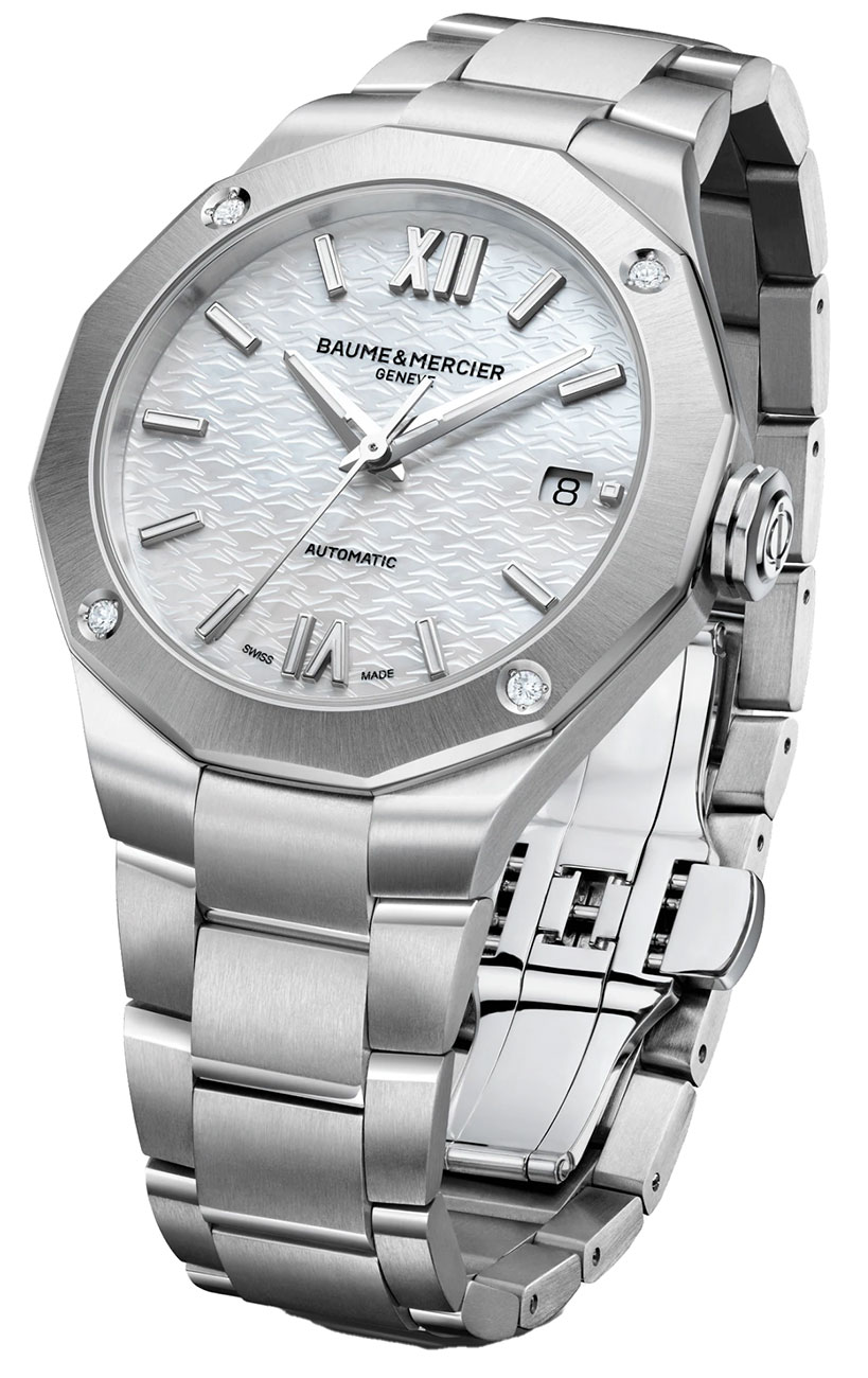 Angled View 2 of the Baume & Mercier Riviera Automatic White MOP Dial SS Bracelet Watch