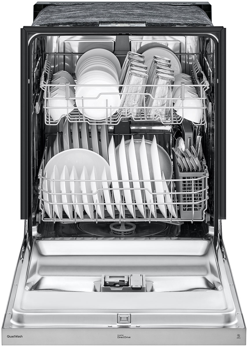 Stainless Steel LG Dishwasher with Dish Racks Full of Clean Dishes