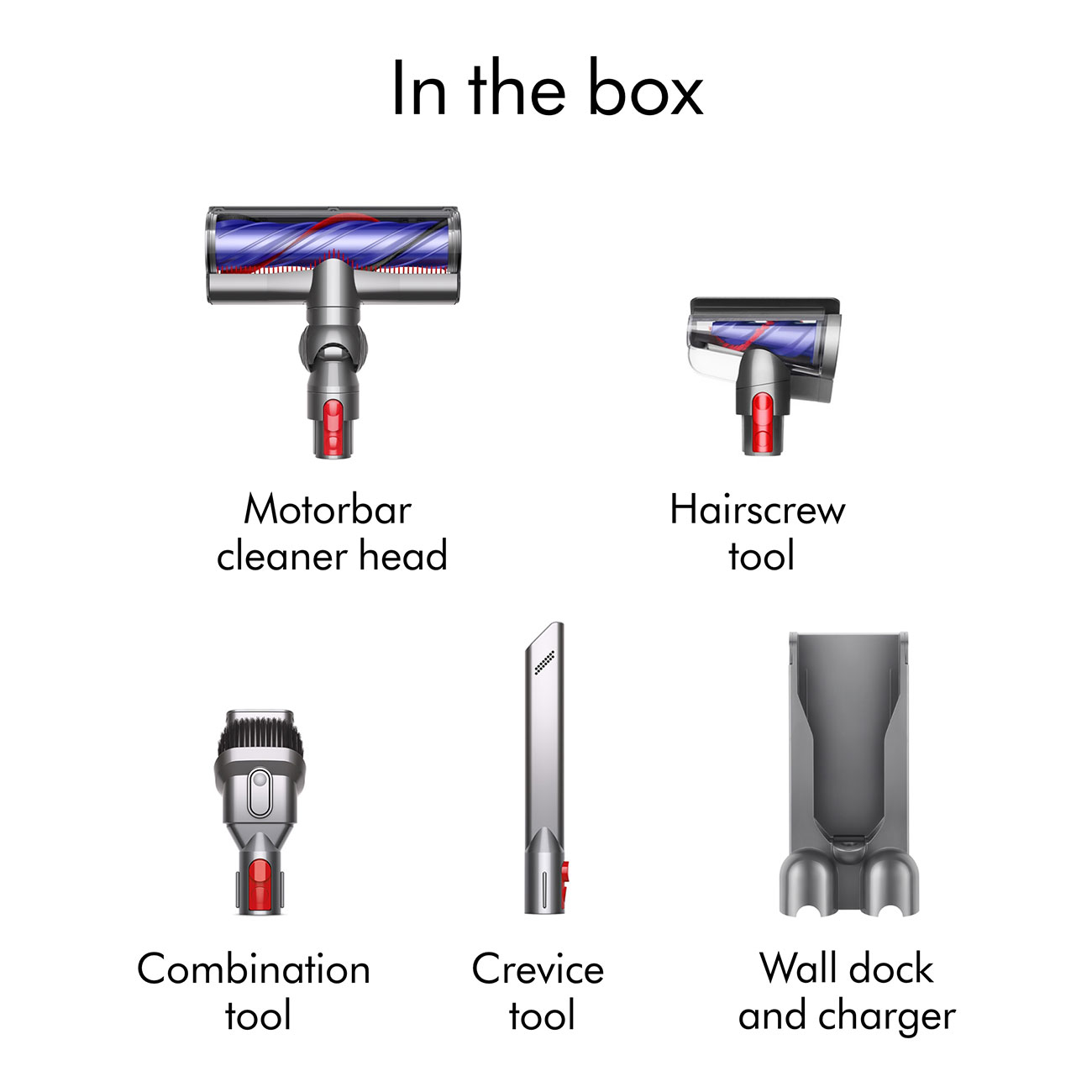 Dyson V8 Cordless Stick Vacuum Contents Inside the Box Including Head Attachments, Tools, and Wall Dock
