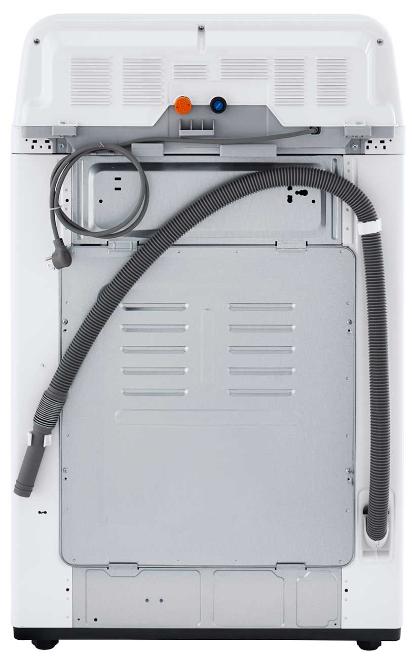 LG 5 Cu. Ft. Top Load Washer WT7150CW from the Back with Water Hose and Power Cord
