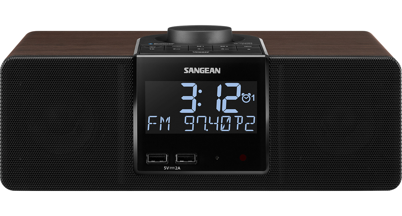 Front image of Sangean Walnut Cabinet AM/FM Digital Tuning Clock Radio showing digital display and ports