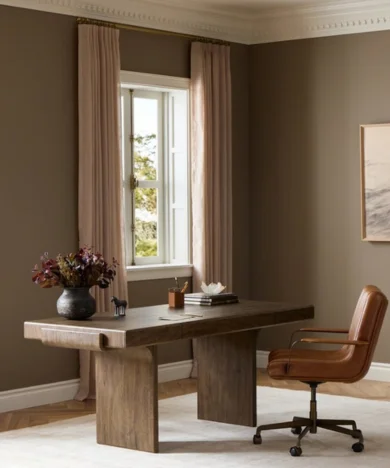 Home office furniture display featuring a desk and chair setup.