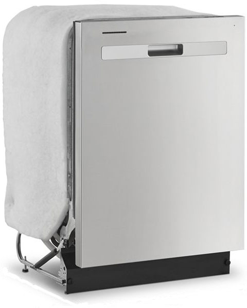 An Uninstalled Whirlpool 24 Inch Dishwasher with Boost Cycle from the Side

