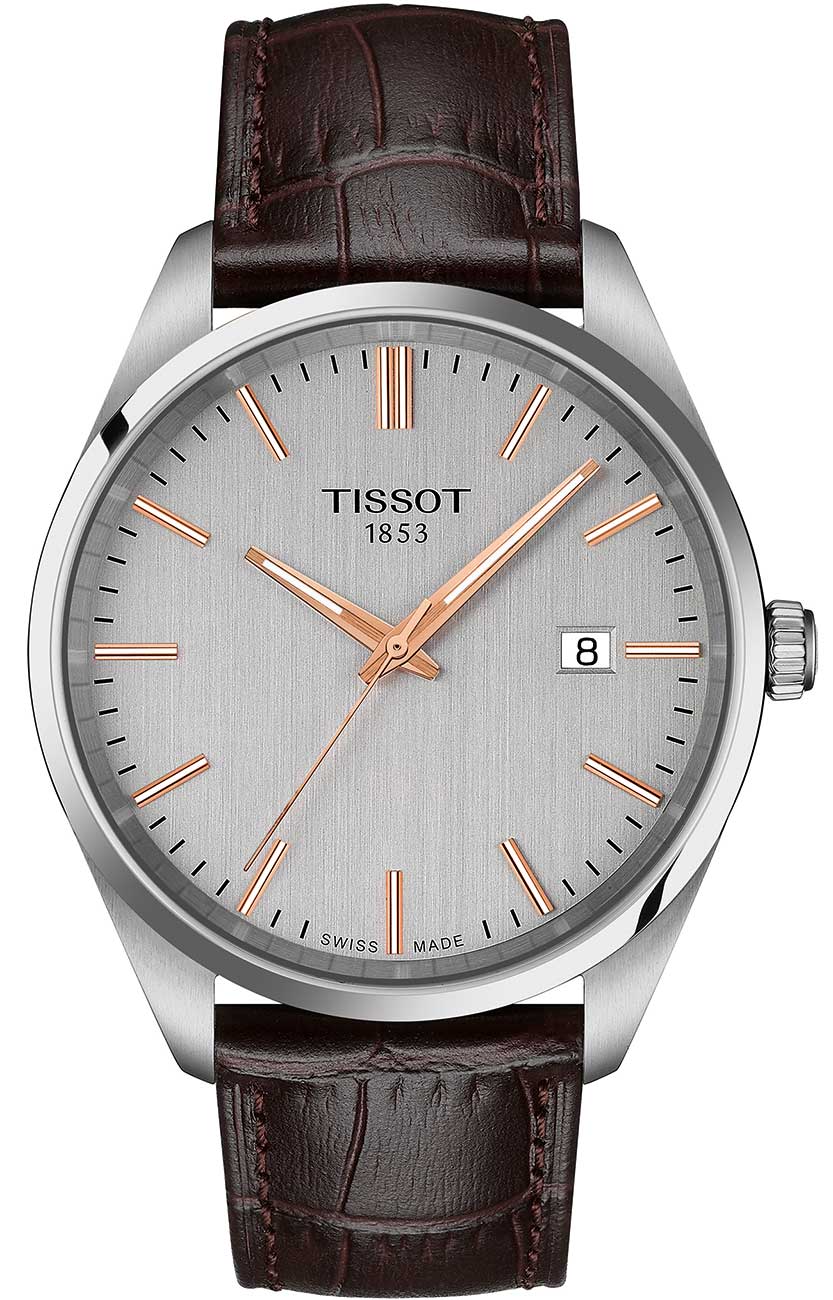 Front view of tissot silver and brown watch