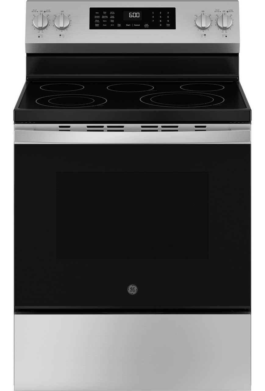 Front View of GE Electric Range in Stainless Steel
