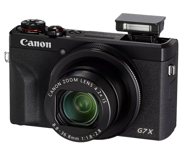 Dynamic view of the Canon Powershot G7 X Mark III, showcasing flash