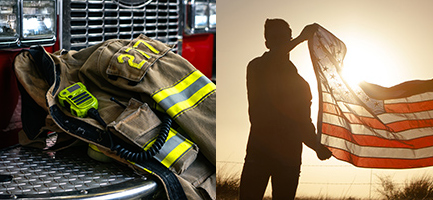 Side by side image of fire fighting equipment and U.S. Flag