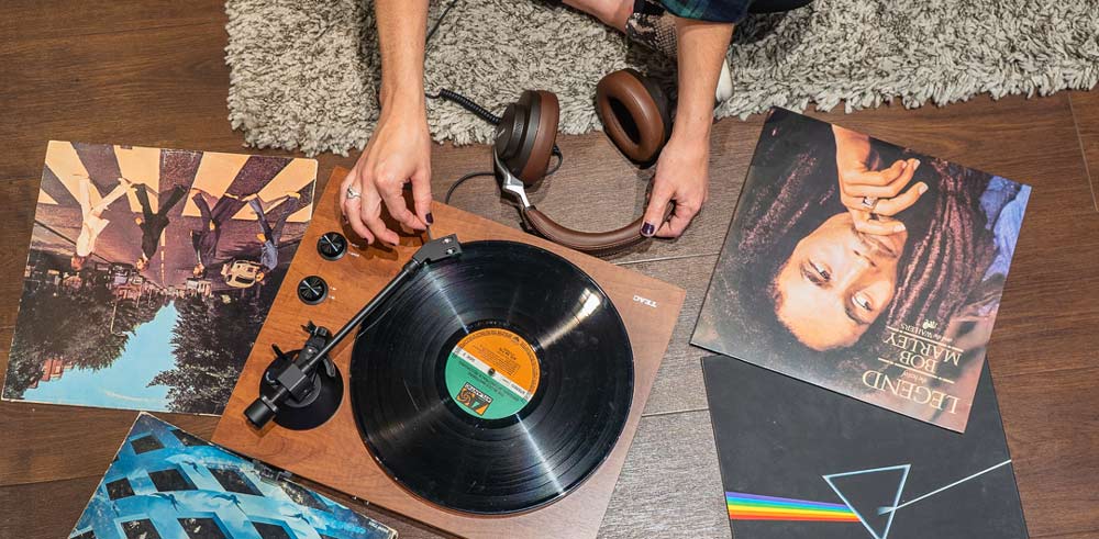 Record player, records, amplifier, and headphones