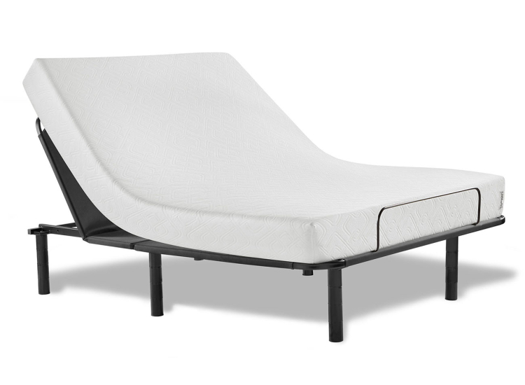 White adjustable bed frame with integrated headboard and matching mattress, modern steel legs.