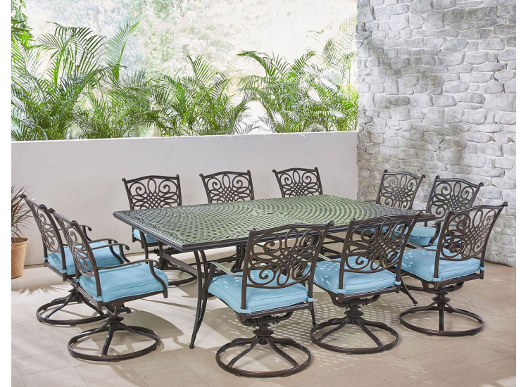 Hanover Traditions 11-Piece Outdoor Dining Set In Blue/Cast With 10 Swivel Rockers, 60x84" Cast Table - TRADDN11PCSW10-BLU