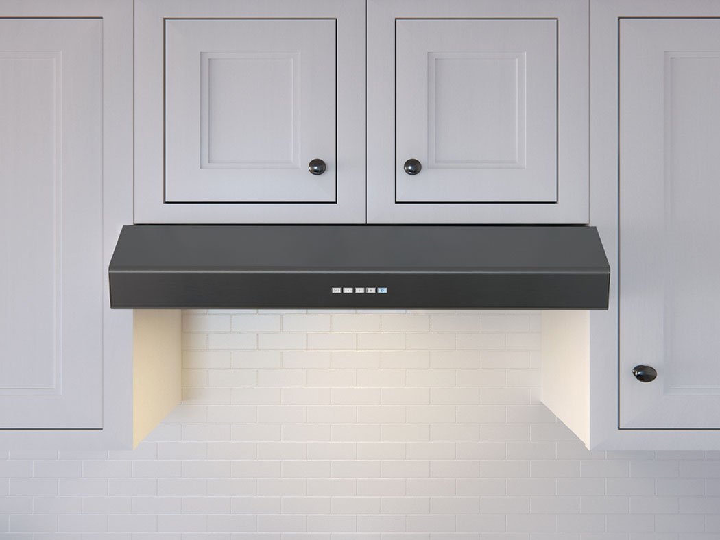 Front of under-cabinet hood in Black Stainless Steel.