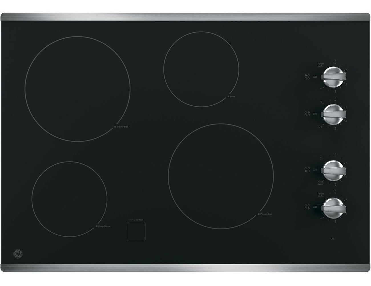 Top Front View of GE Electric Cooktop With Black Surface In Stainless Steel