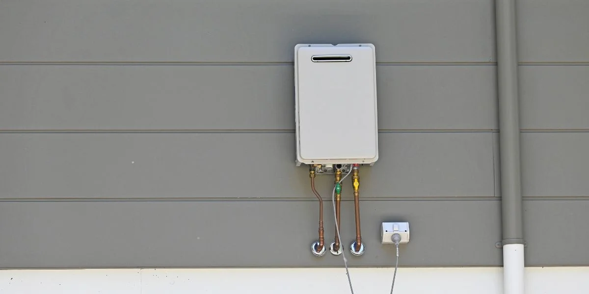 A tankless water heater on the wall of a home.