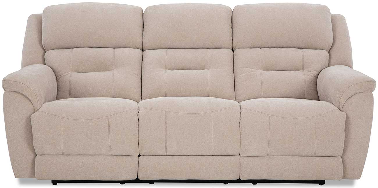 Front view of stone colored reclining sofa