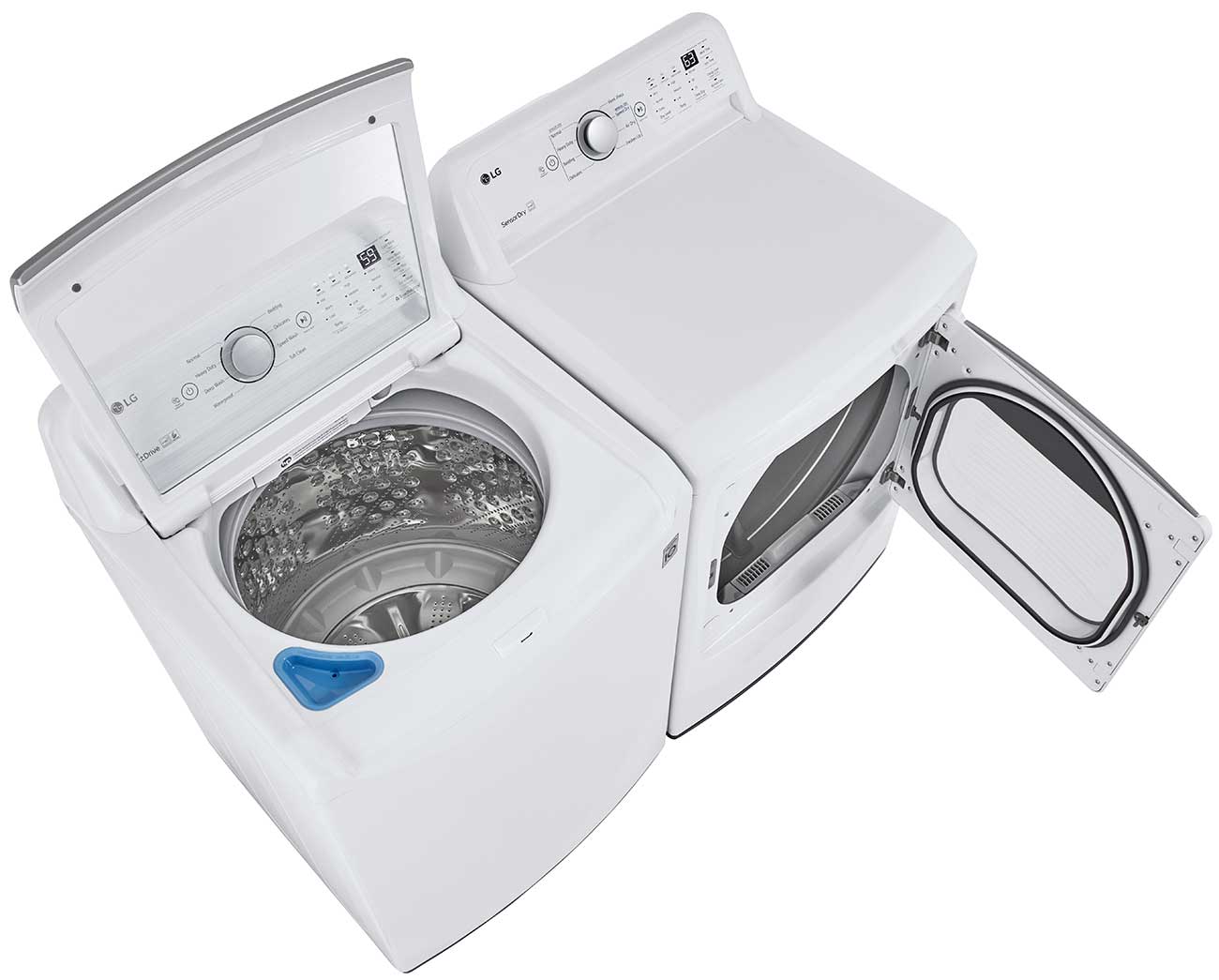 Open Dryer Door on an Empty LG Dryer next to a LG 5 Cu. Ft. Top Load Washer WT7150CW
