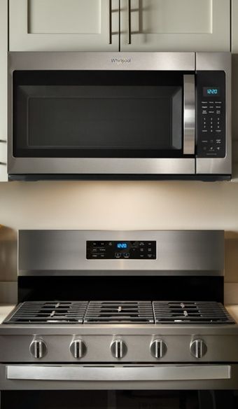 tight close up shot on a whirlpool range and whirlpool over the range microwave
