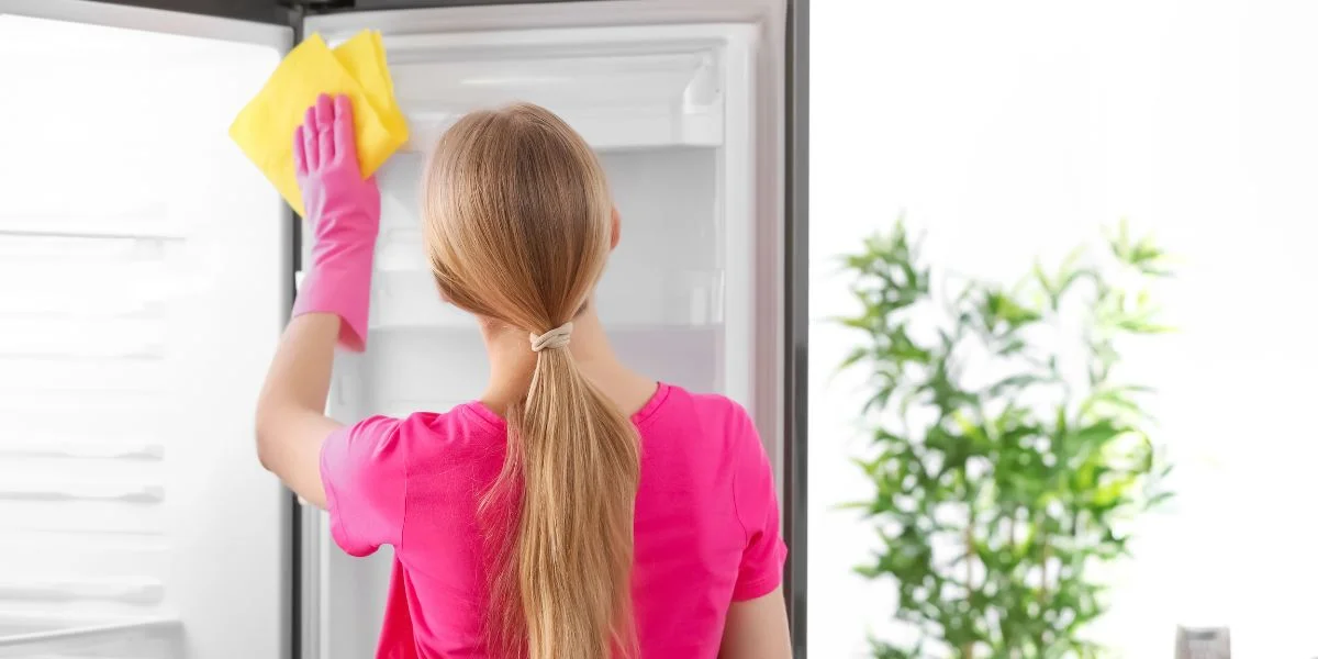 A woman cleaning the inner door of a refrigerator.