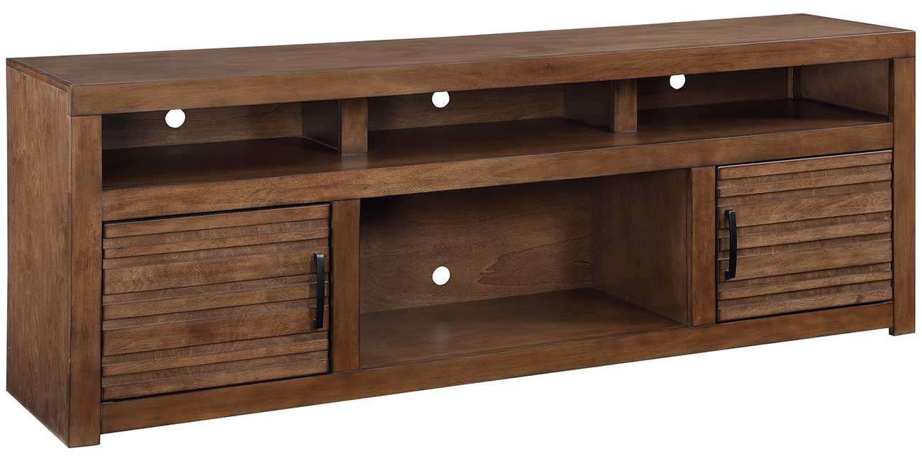 Angled view of 73 inch tv stand in the color whiskey brown