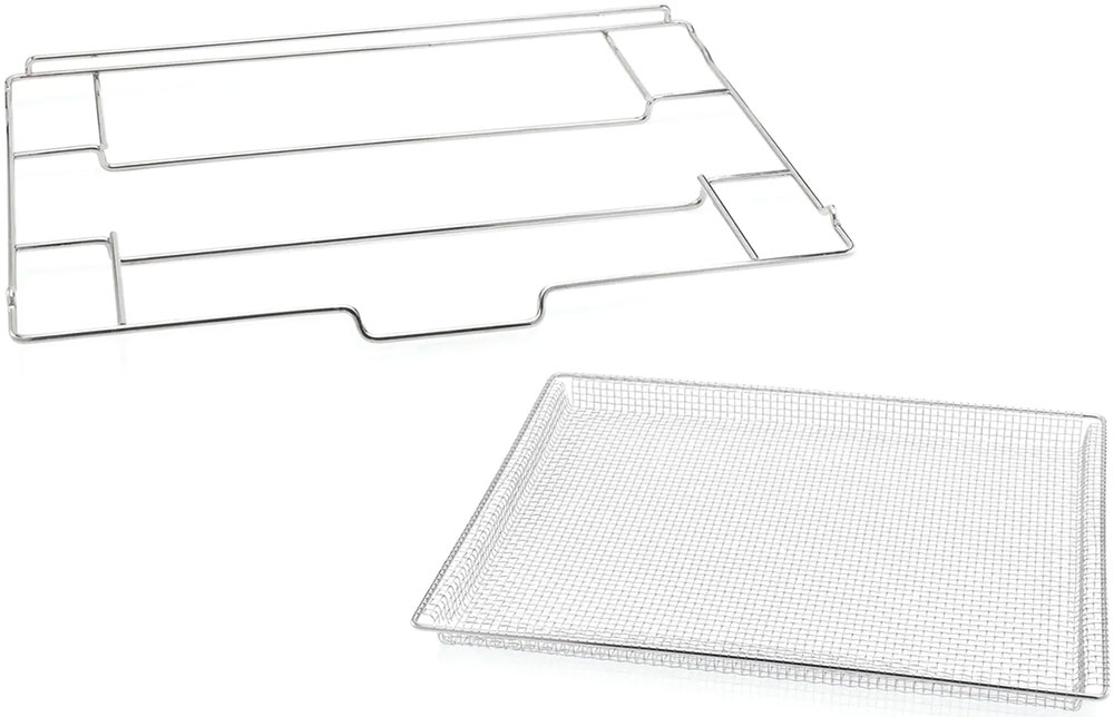 Angled view of air fry basket and oven rack
