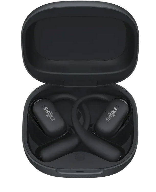 Front View of Shokz Earbuds In Charging Case