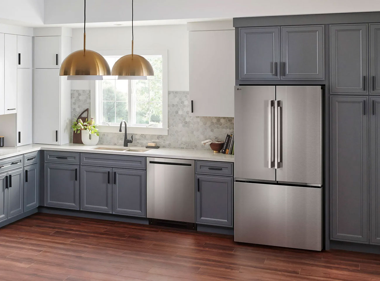 Angled lifestyle view of LG refrigerator