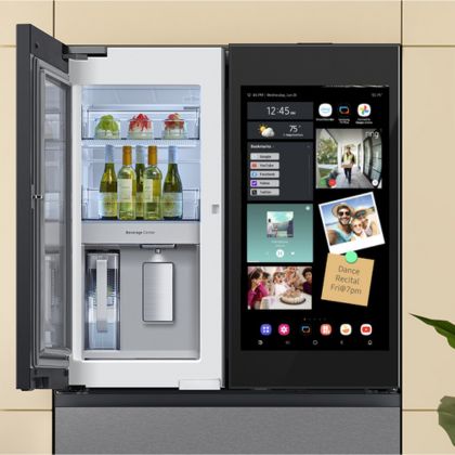 lifestyle with text of the features of a samsung washer and dryer combo unit