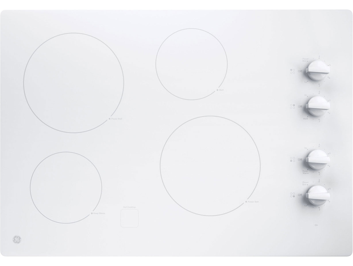 Top Front View of GE Electric Cooktop With Built-In Knob Control in White