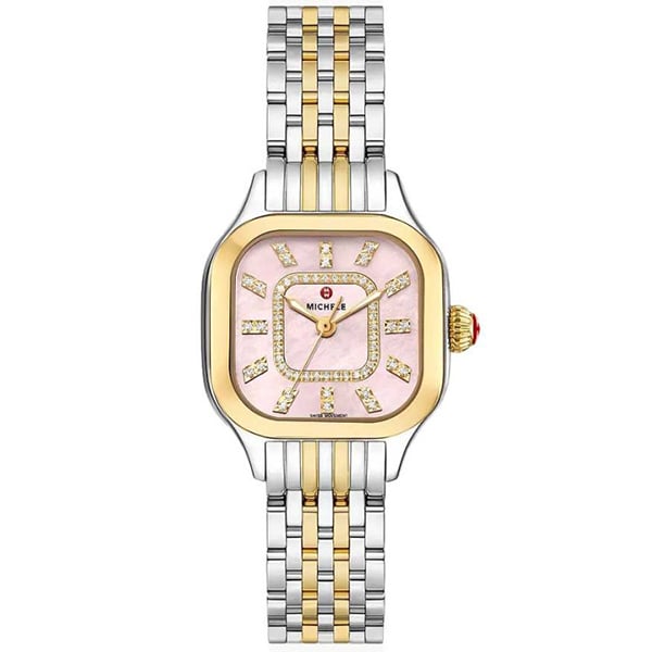 A watch with a pink dial face and a silver/gold strap as a Mother's Day gift.