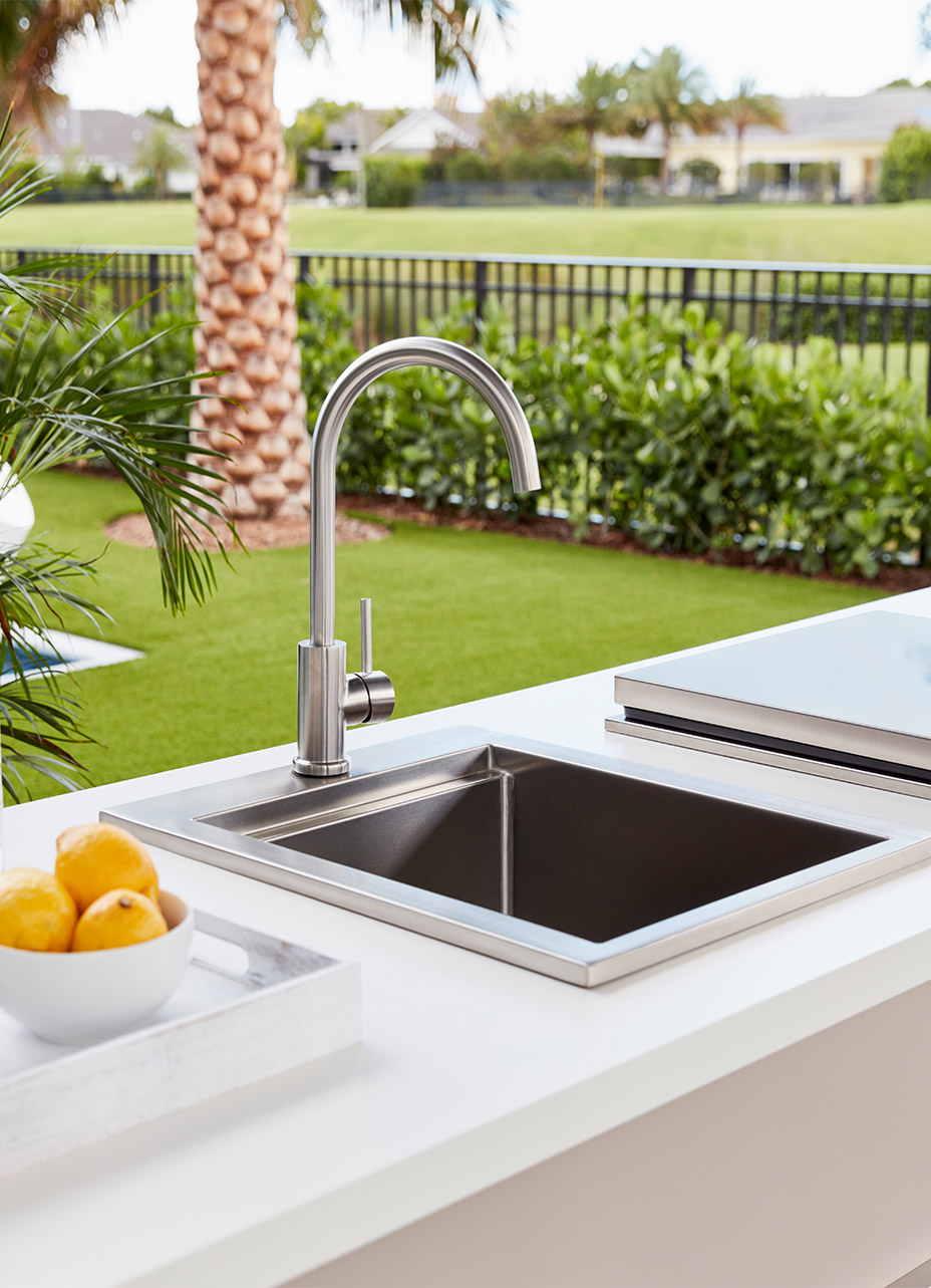 A close up detailed shot of the viking outdoor sink and faucet
