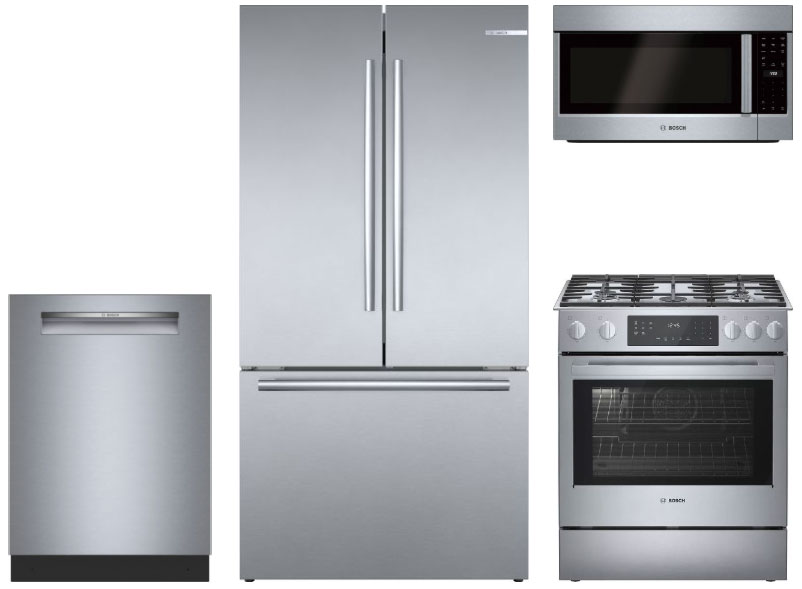 Front View of Bosch Stainless Steel Refrigerator, Range, Dishwasher and Microwave