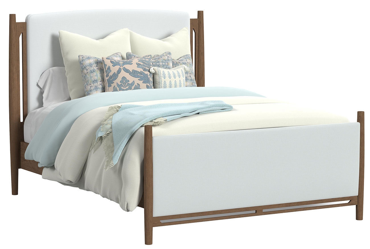 Angled view of Flexsteel Verona Upholstered Bed in Medium Brown Oak