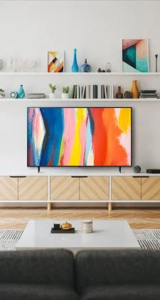 living room with the tv on the entertainment center as the center focus with shelves on the wall behind the tv with vases and books displayed