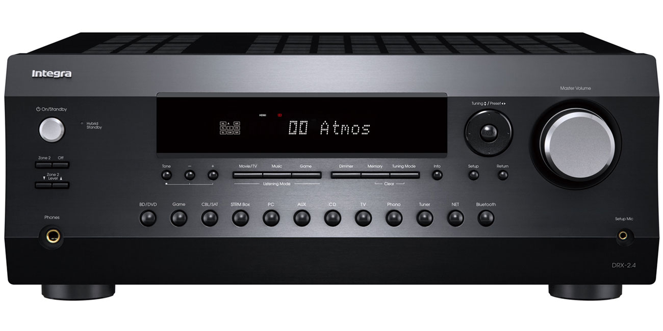 Front image of Integra 7.2 Channel Black Network A/V Receiver showing buttons, display, and dial