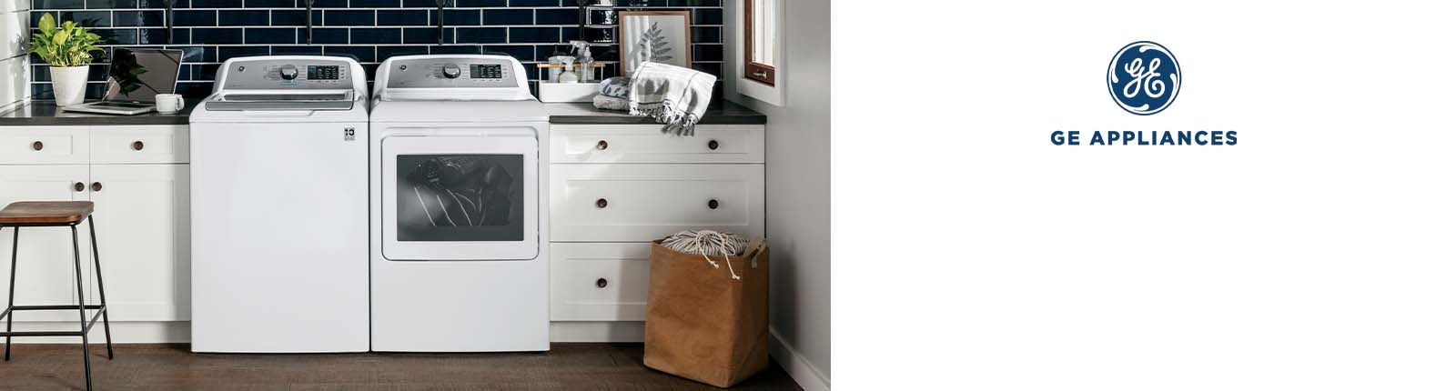 Lifestyle of laundry room with GE Washer and Dryer