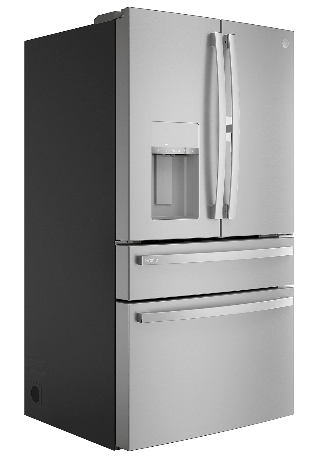 Angle view of closed refrigerator.
