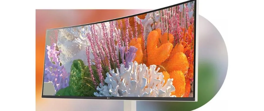 The curved LG monitor displays brightly colored coral