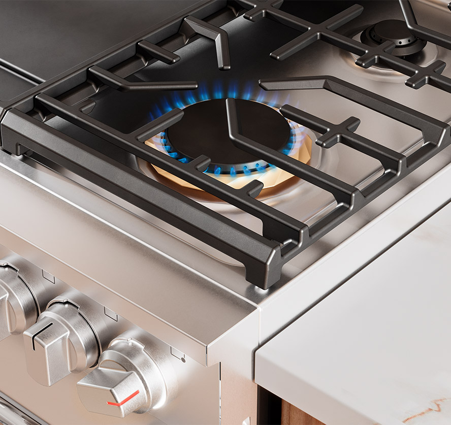A close up on the professional range highlighting the precision burners and industrial style knobs