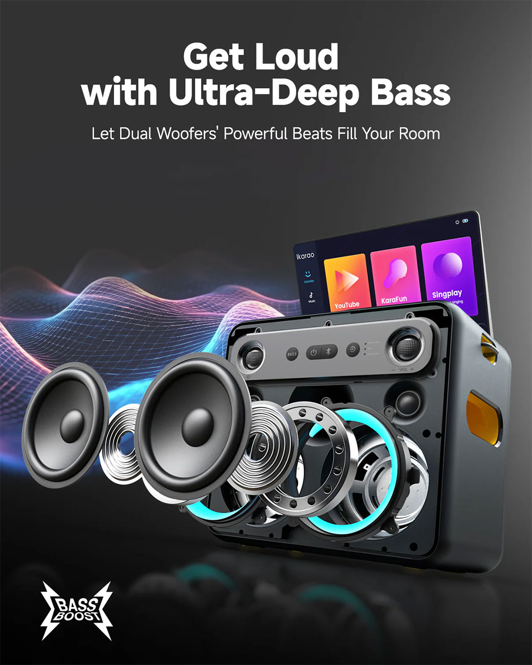 Front View of IKarao Portable Karaoke Machine Ultra Deep Bass Feature