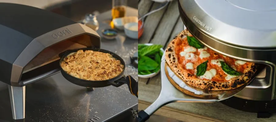 Side-by-side images of a pizza peel putting a pizza into the Ooni Koda 2 and Solo Stove Pi Prime, respectively