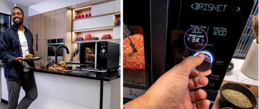 On the left, a man beside his kitchen island where the GE Profile smart indoor smoker stands. On the right is a zoomed in version of the smoker displaying the controls