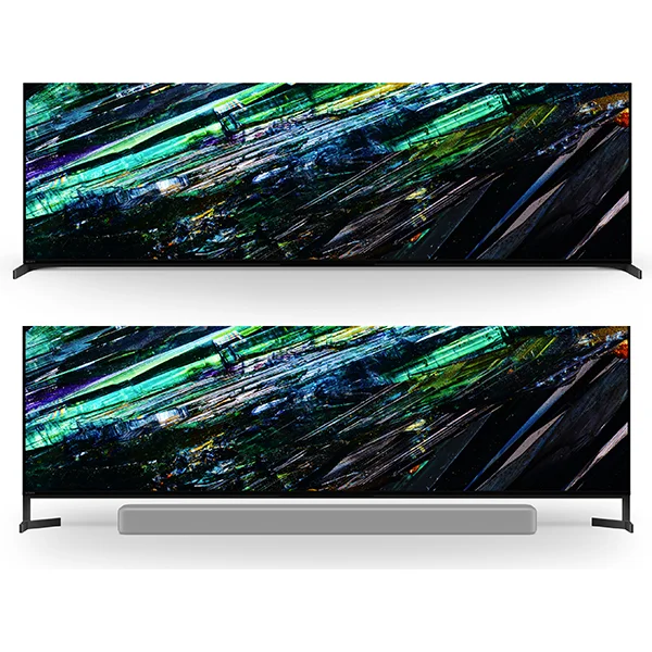 The Sony A95L displaying the two different TV stand setups it offers