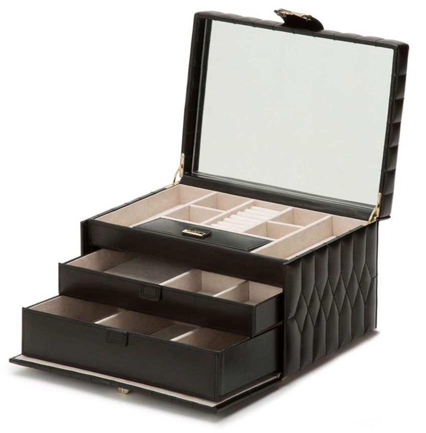 Interior view of Wolf 1834 Caroline Jewelry Case with drawers open
