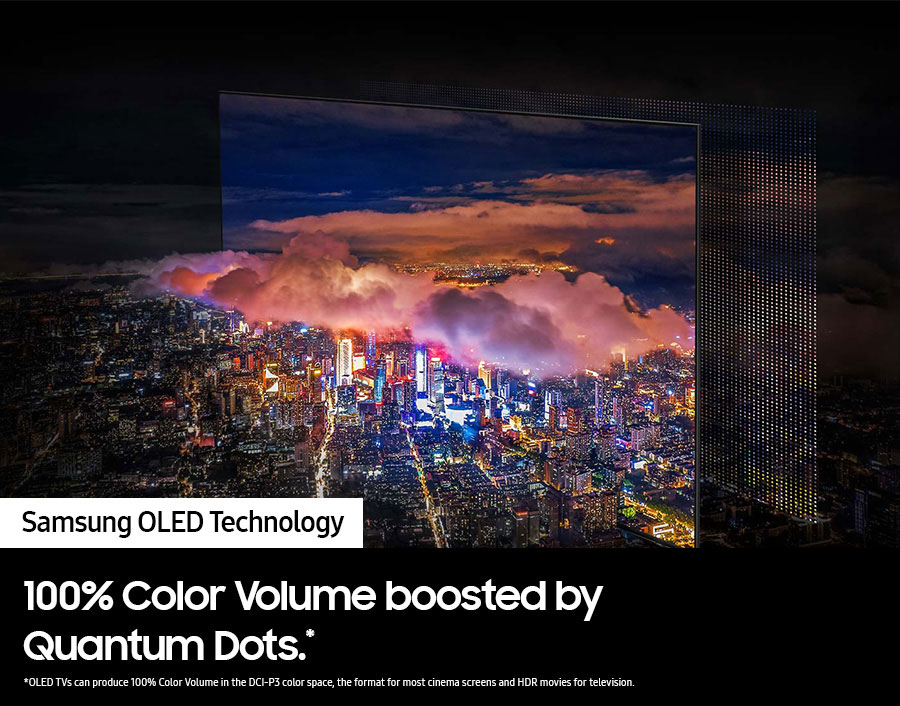 Samsung 77 Inch 4K OLED TV Showing Cityscape at Night with Explanation of Samsung OLED Quantum Dots Feature

