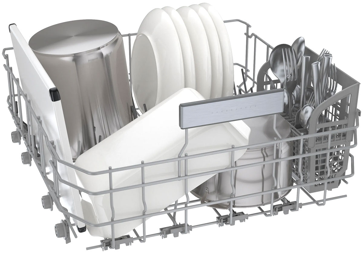 Angle view of bottom rack with dishes, pot and utensils.