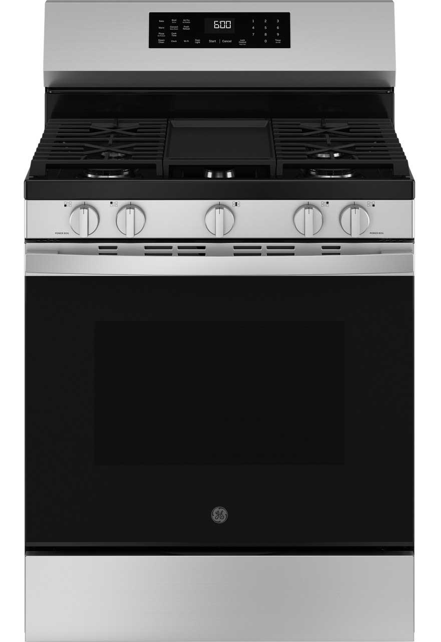 Front View of GE Free-Standing Gas Range in Stainless Steel