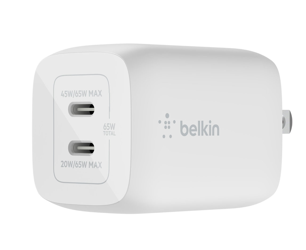 Angled Front View of Dual USB-C 65 Wall Charger