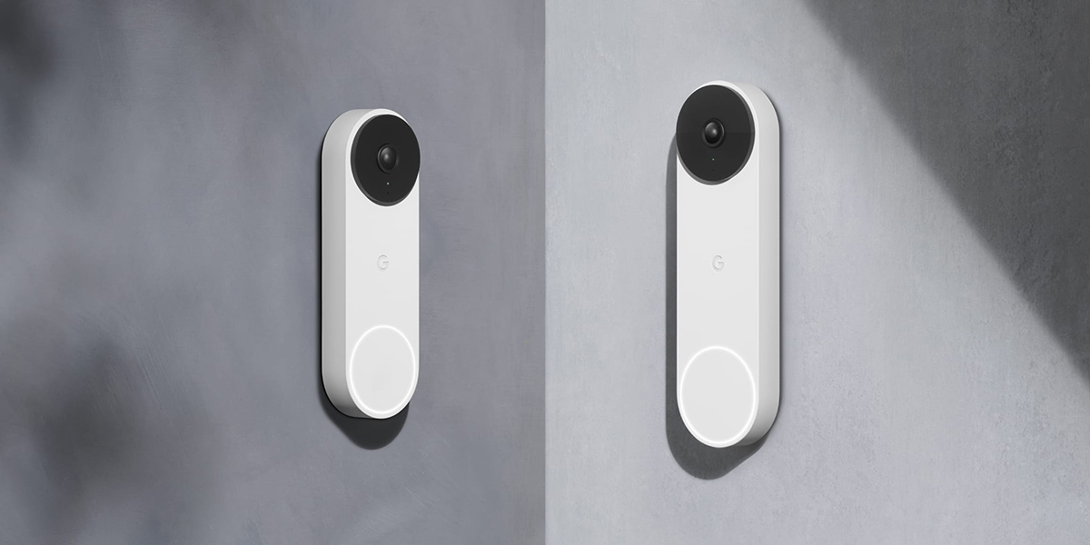 Two white Google Nest video doorbells side by side