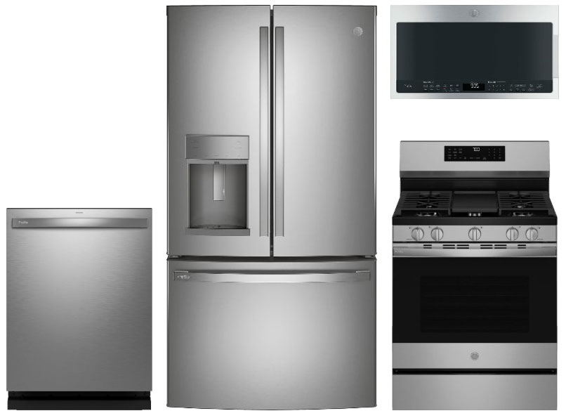 Front view of stainless steel kitchen appliance package
