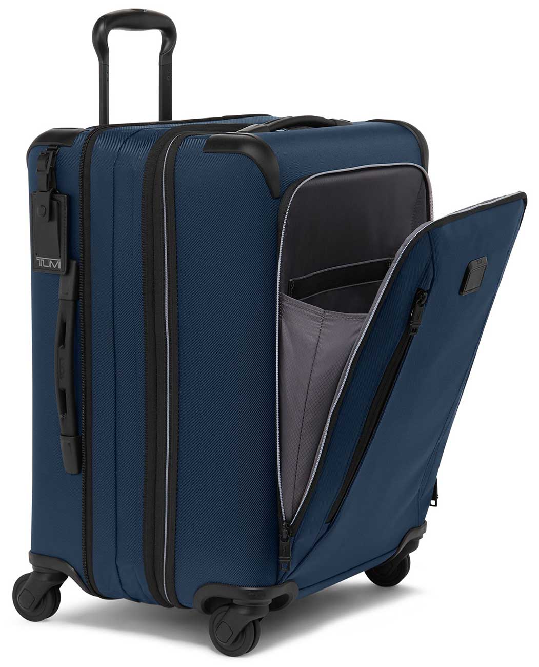 Angled view of TUMI Carry-On with u-lid unzipped